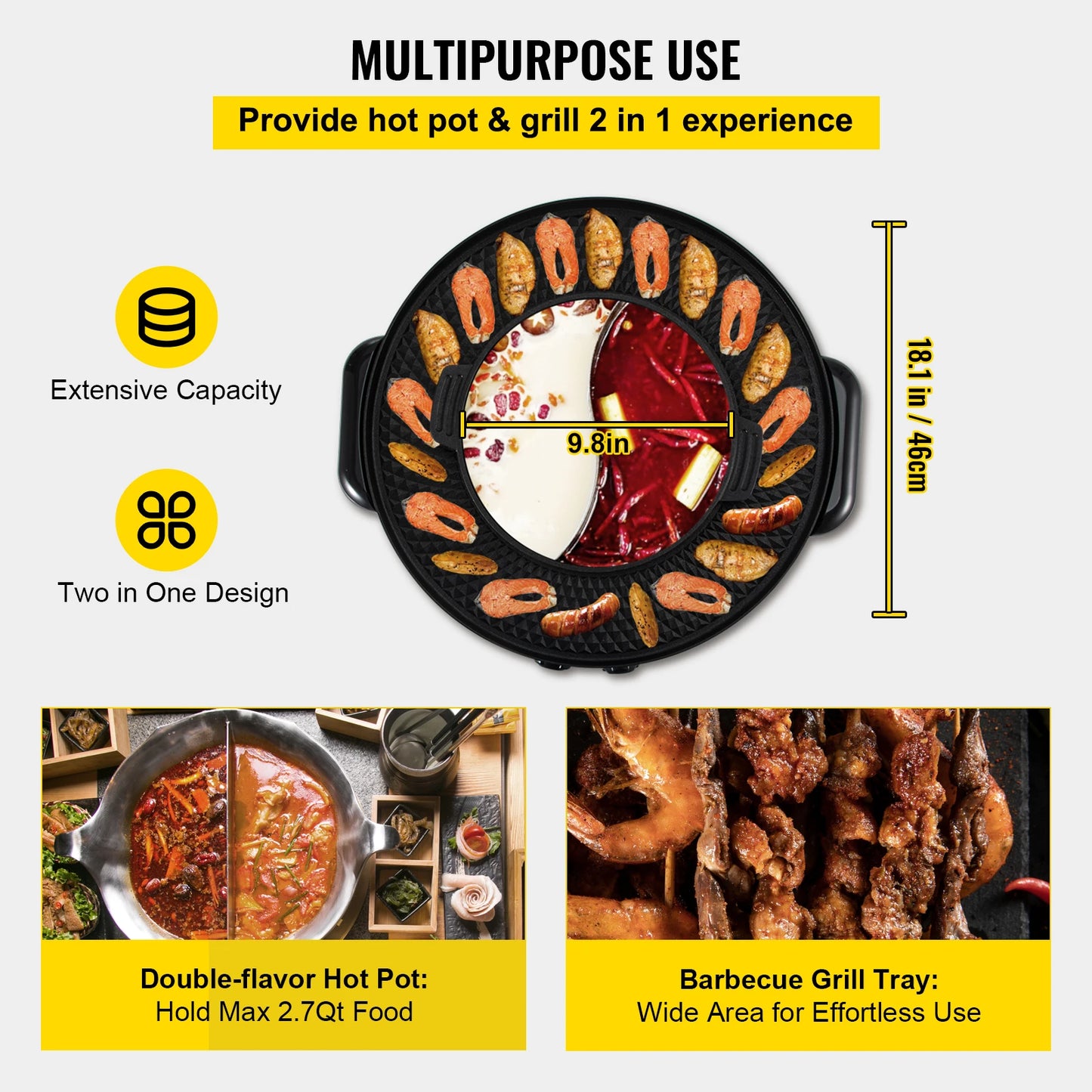 VEVOR 2 in 1 Electric Hot Pot BBQ Grill 2200W Multifunction