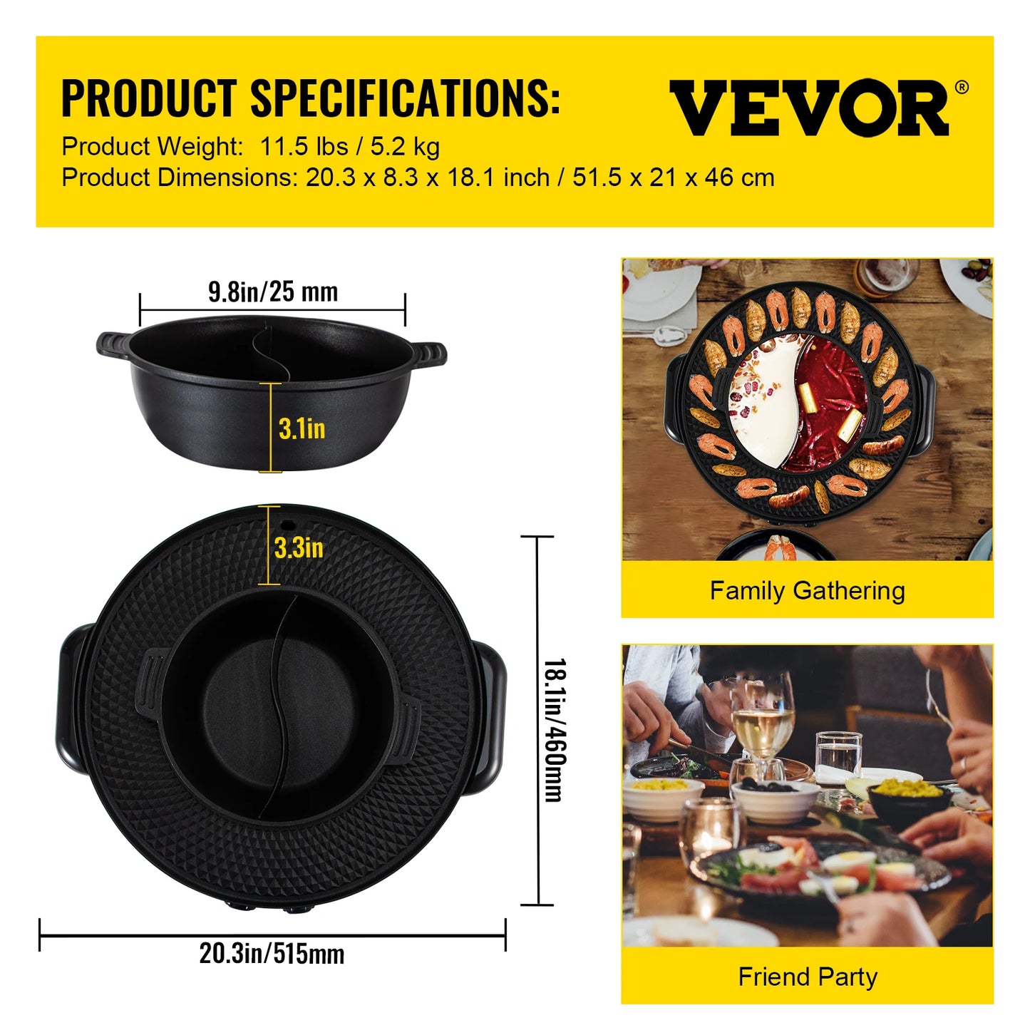 VEVOR 2 in 1 Electric Hot Pot BBQ Grill 2200W Multifunction