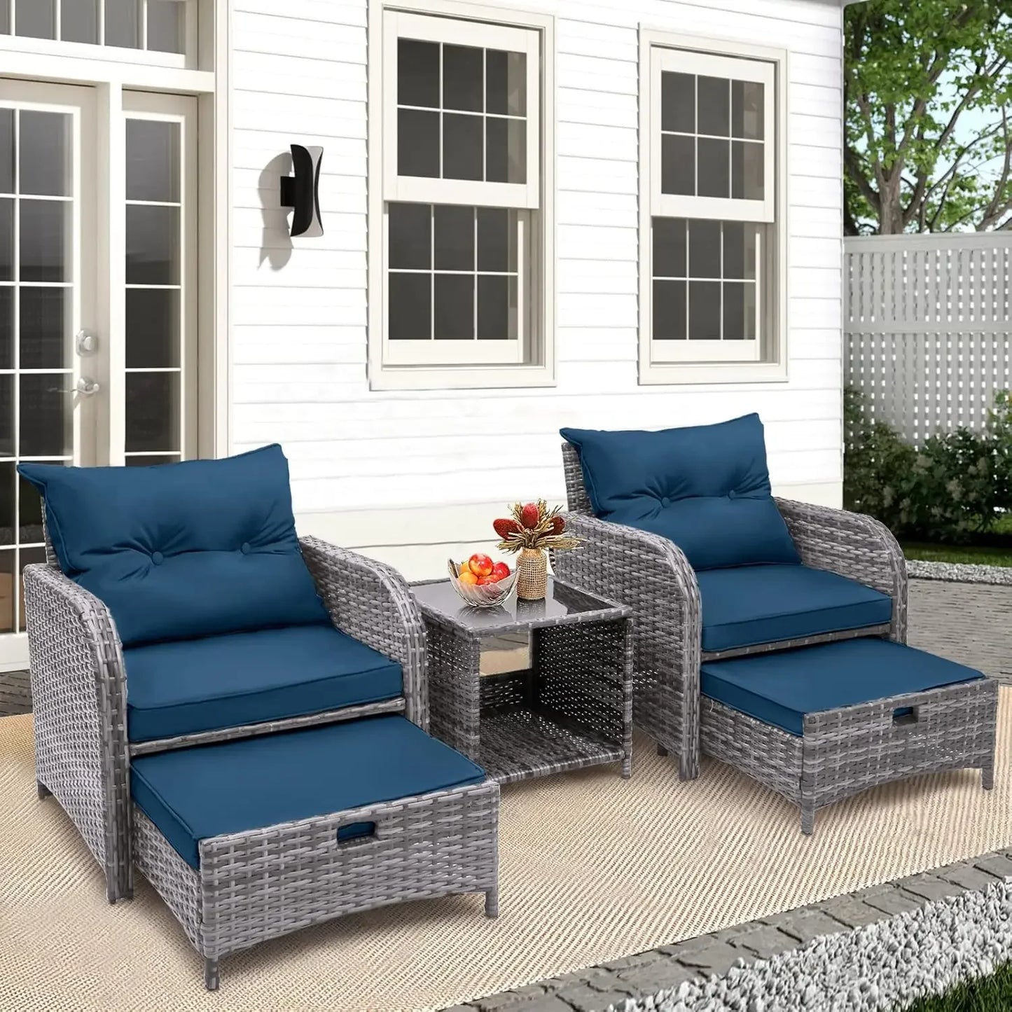 5 Pieces Wicker Outdoor Patio Chairs Set with Ottoman,