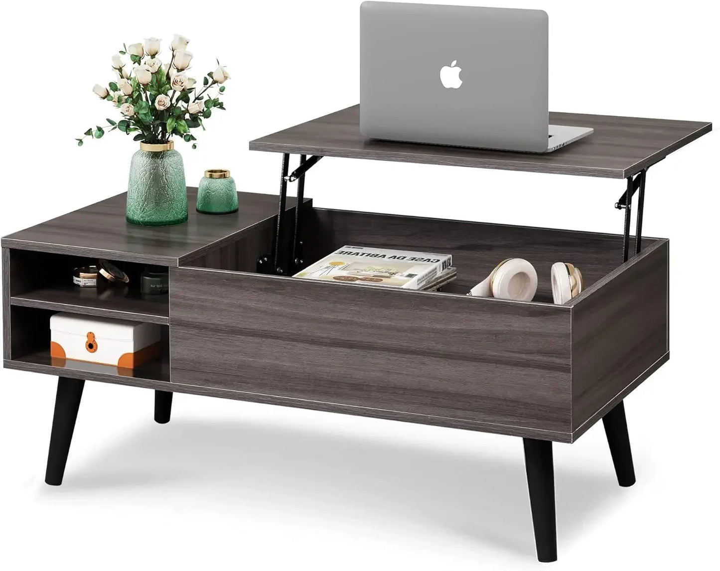 Wood Lift Top Coffee Table with Hidden Compartment and Adjustable Storage Shelf for Living Room
