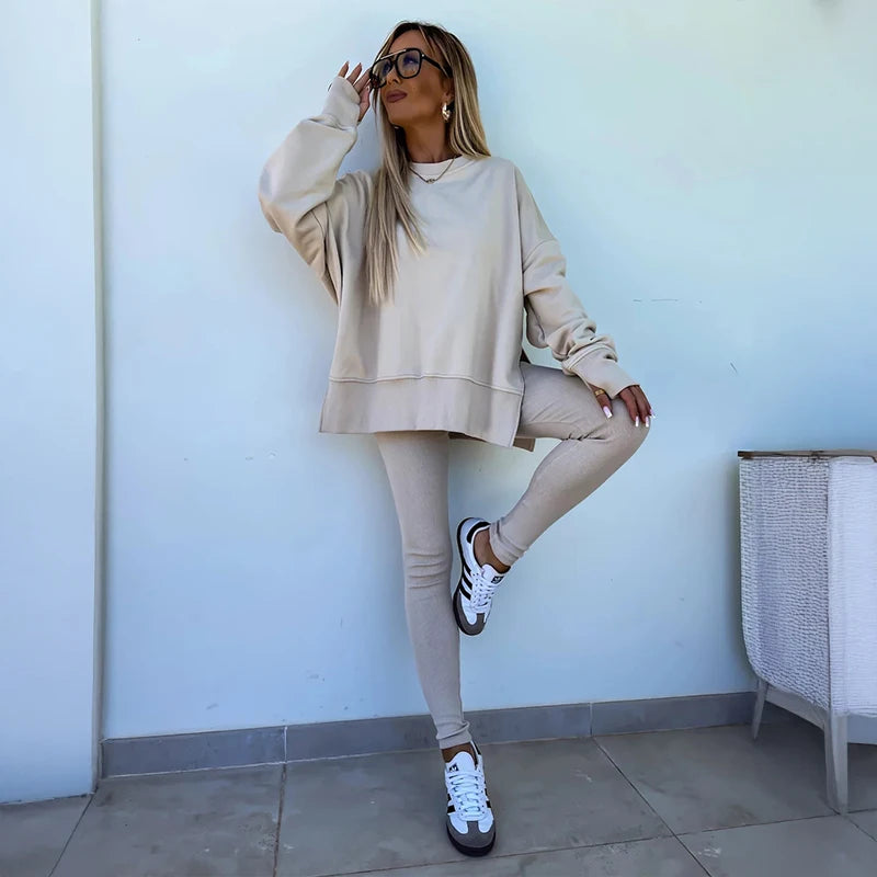 Women's Long Sleeve Solid Color Hoodie and Pants Casual Yoga Set for Outdoor Running and Fitness