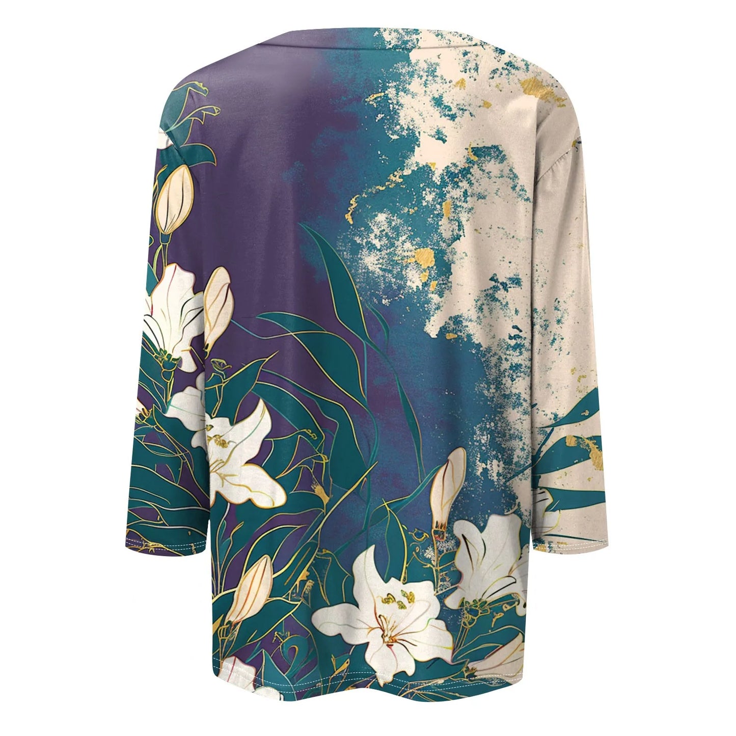 Women's Floral Print Button 3/4 Sleeve Round Neck Casual Shirt Autumn Commuter Tops 2024