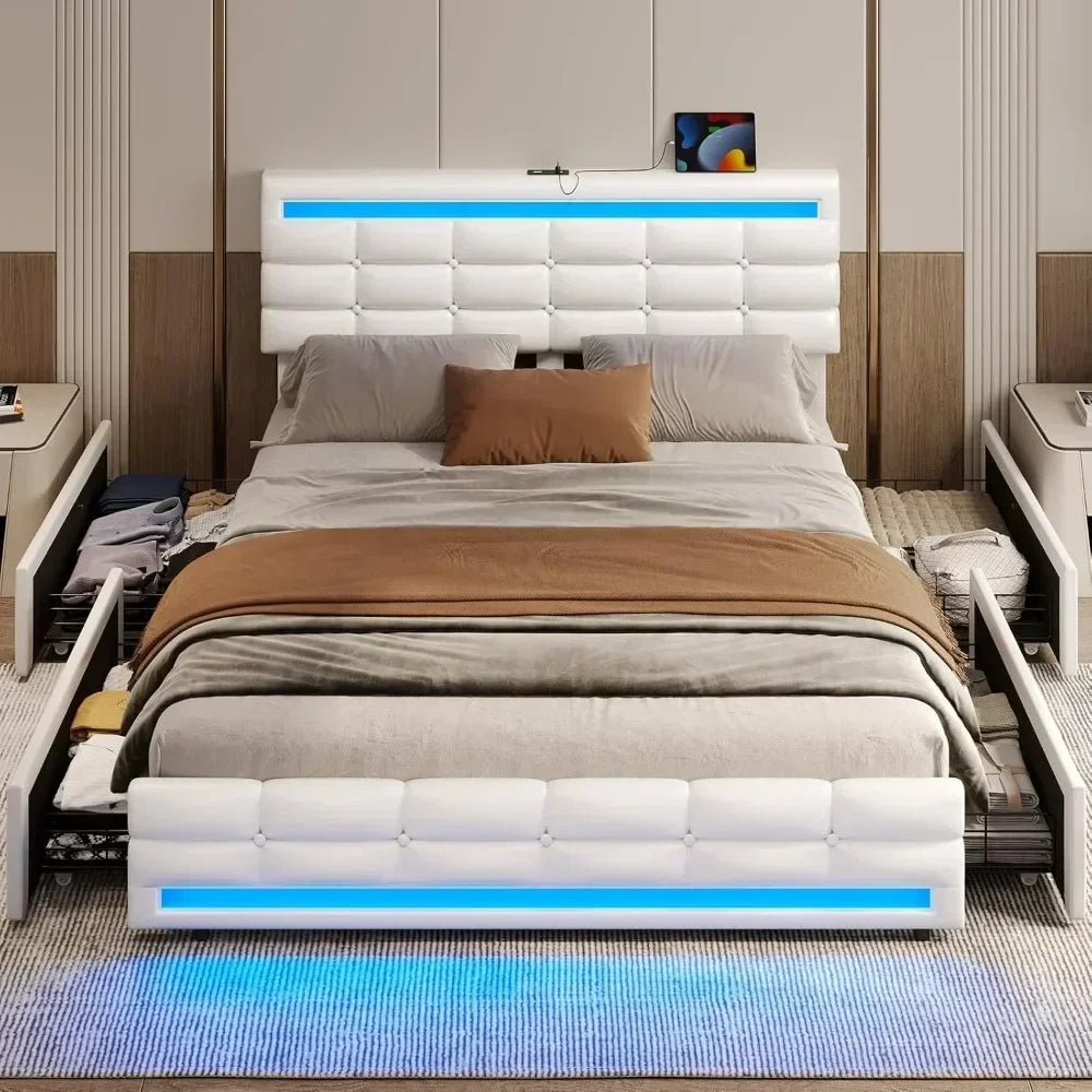 Bed Frame with Drawers, LED Bed Frame with Charging Station and Storage