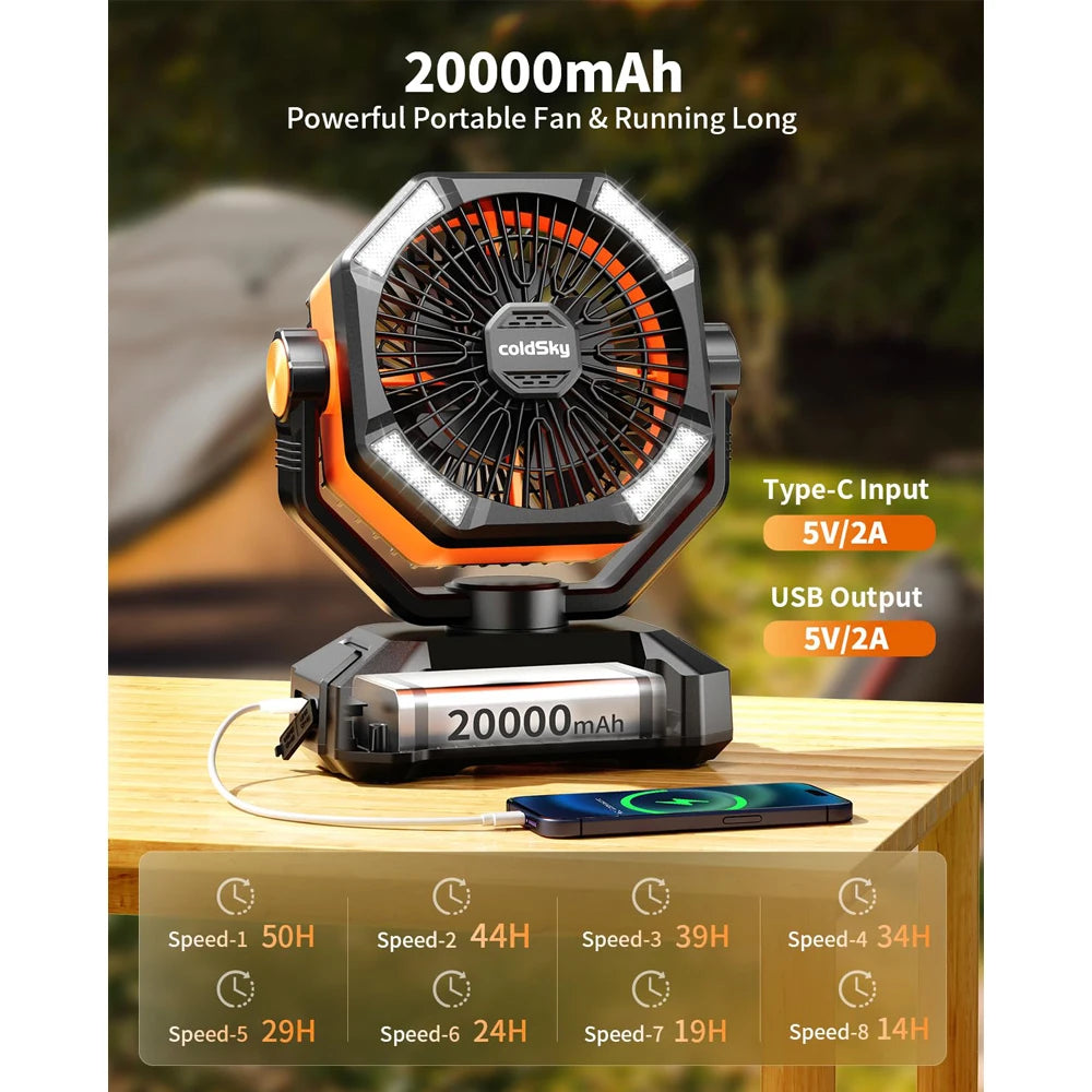 coldSky 20000mAh Battery Camping Fan with LED Lights