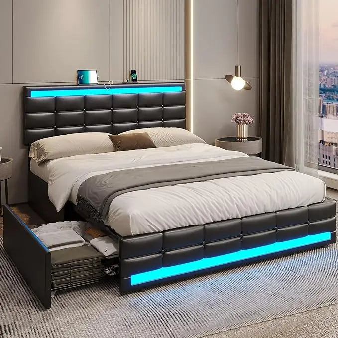 Bed Frame with Drawers, LED Bed Frame with Charging Station and Storage