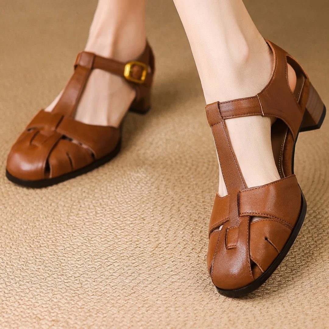 Women's Cow Leather Narrow Band Braided Sandals with Buckle Strap