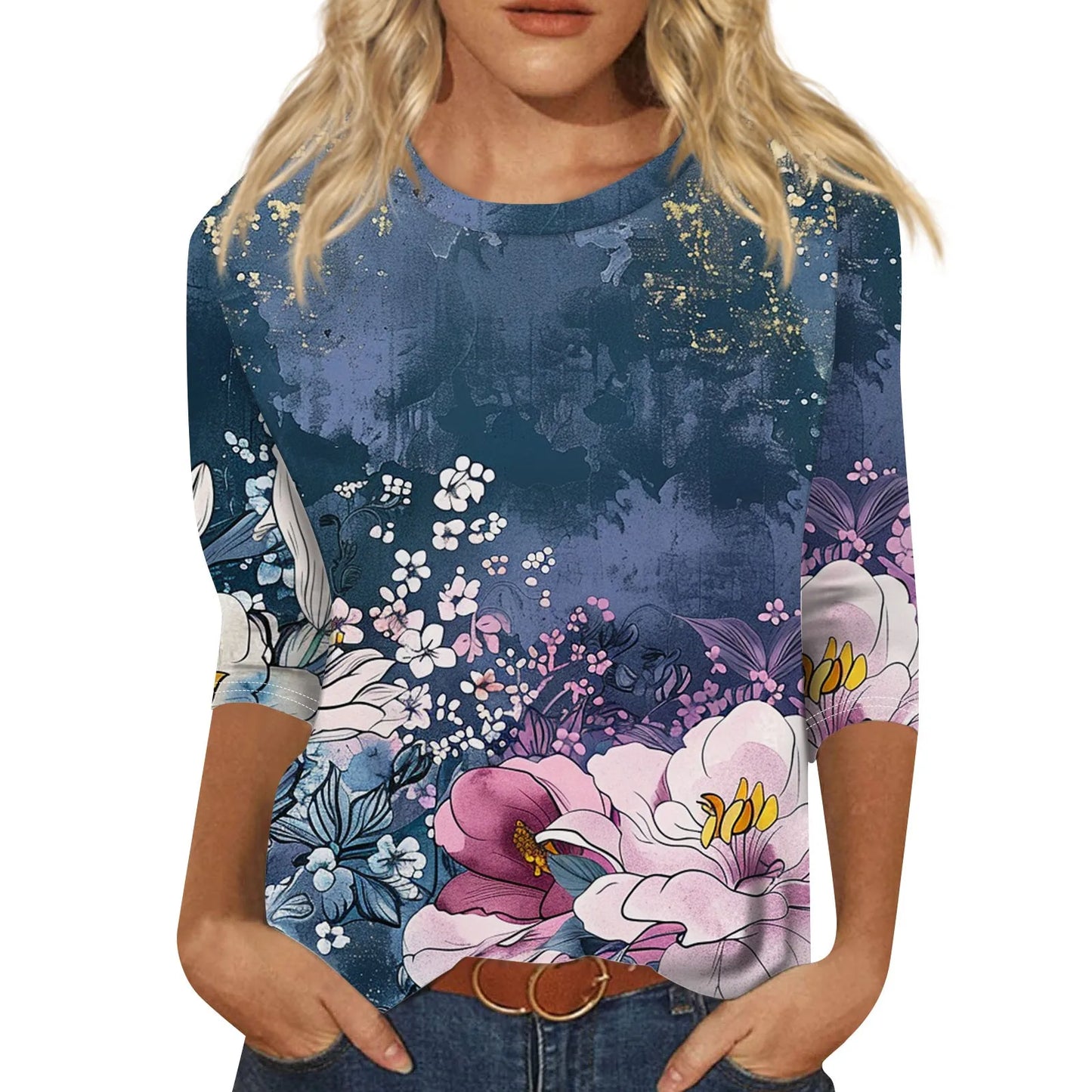 Women's Floral Print Button 3/4 Sleeve Round Neck Casual Shirt Autumn Commuter Tops 2024