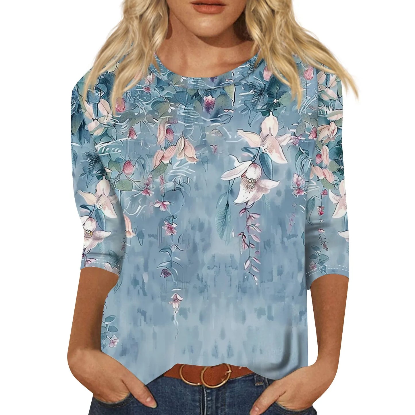 Women's Floral Print Button 3/4 Sleeve Round Neck Casual Shirt Autumn Commuter Tops 2024