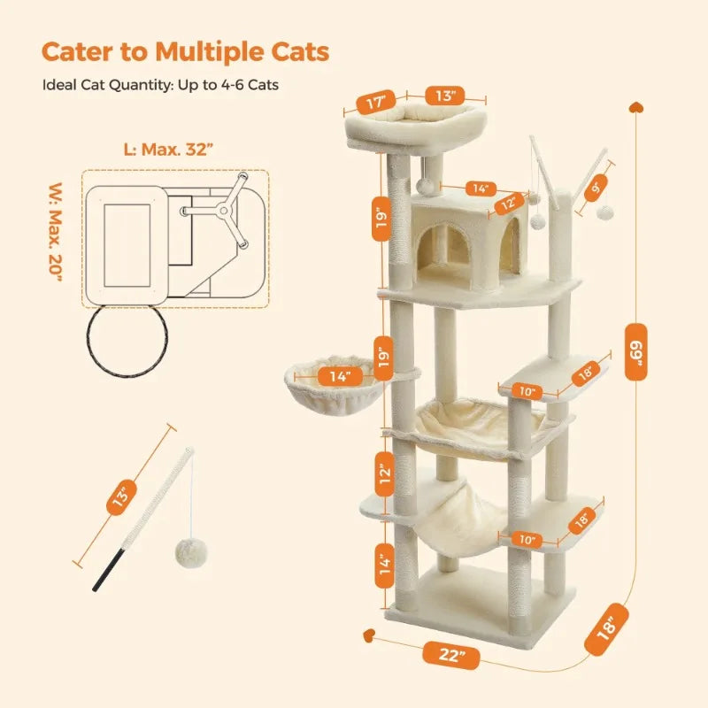 69" Cat Tree for Large Indoor Cats with Multi-Level Design