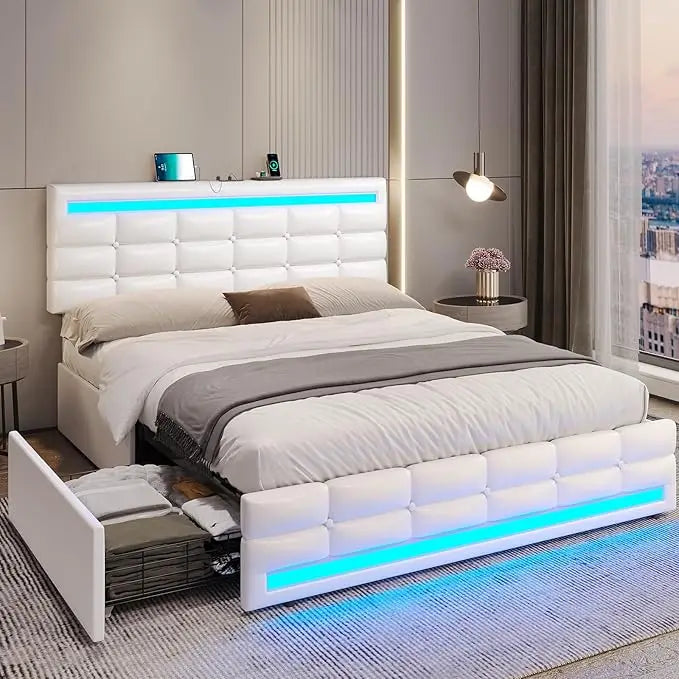 Bed Frame with Drawers, LED Bed Frame with Charging Station and Storage