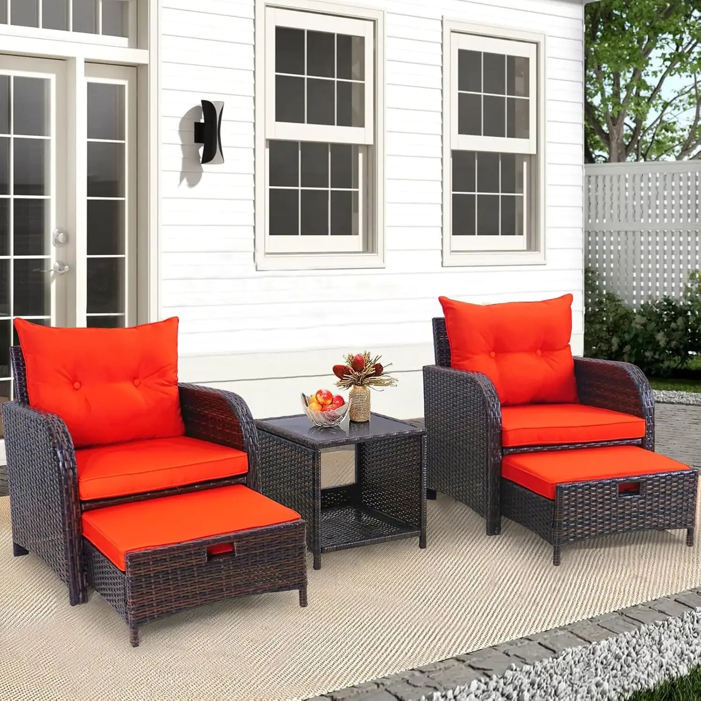 5 Pieces Wicker Outdoor Patio Chairs Set with Ottoman,