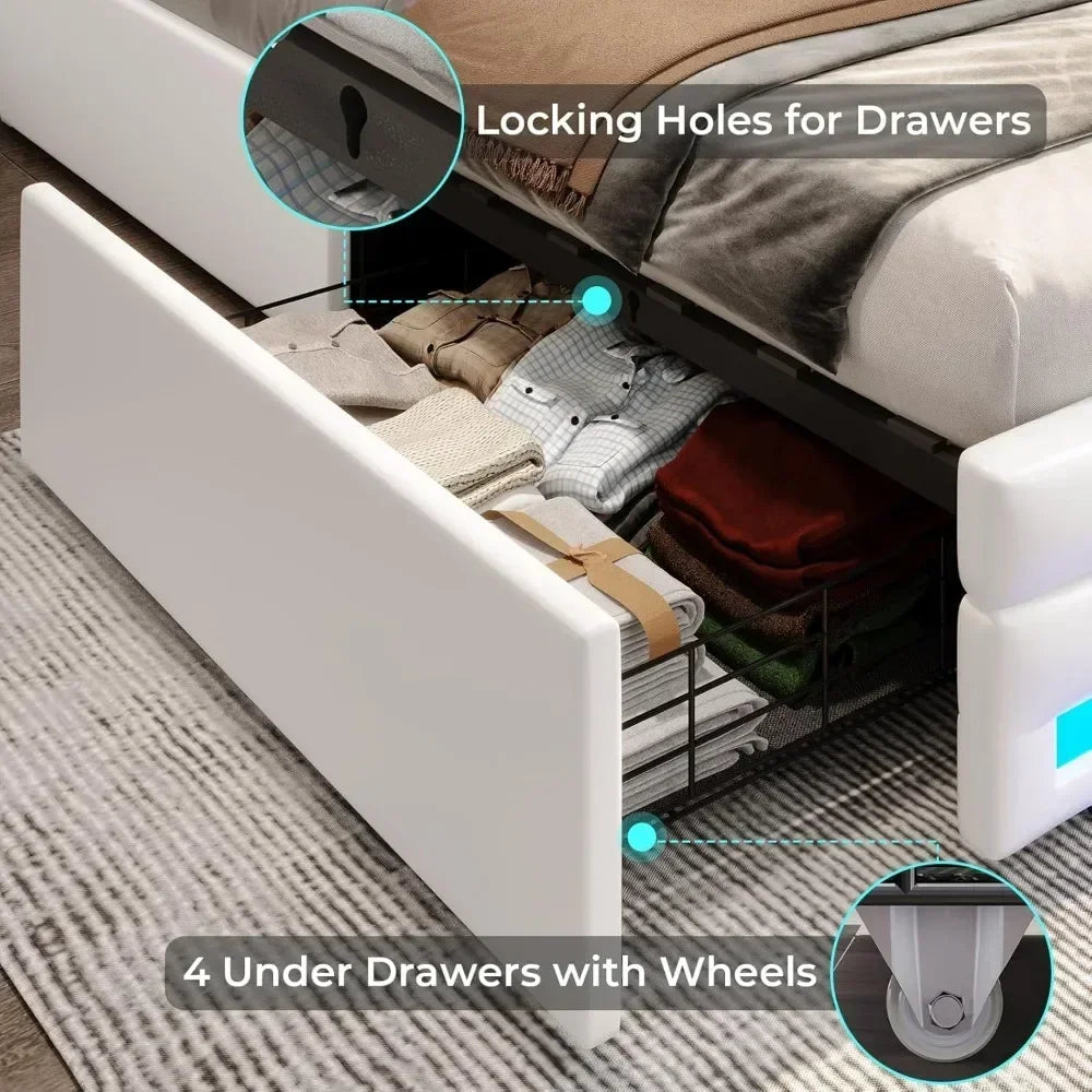Bed Frame with Drawers, LED Bed Frame with Charging Station and Storage
