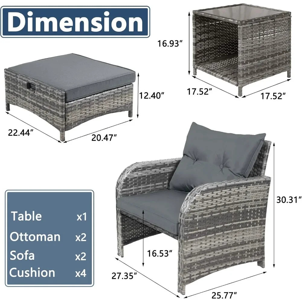 5 Pieces Wicker Outdoor Patio Chairs Set with Ottoman,