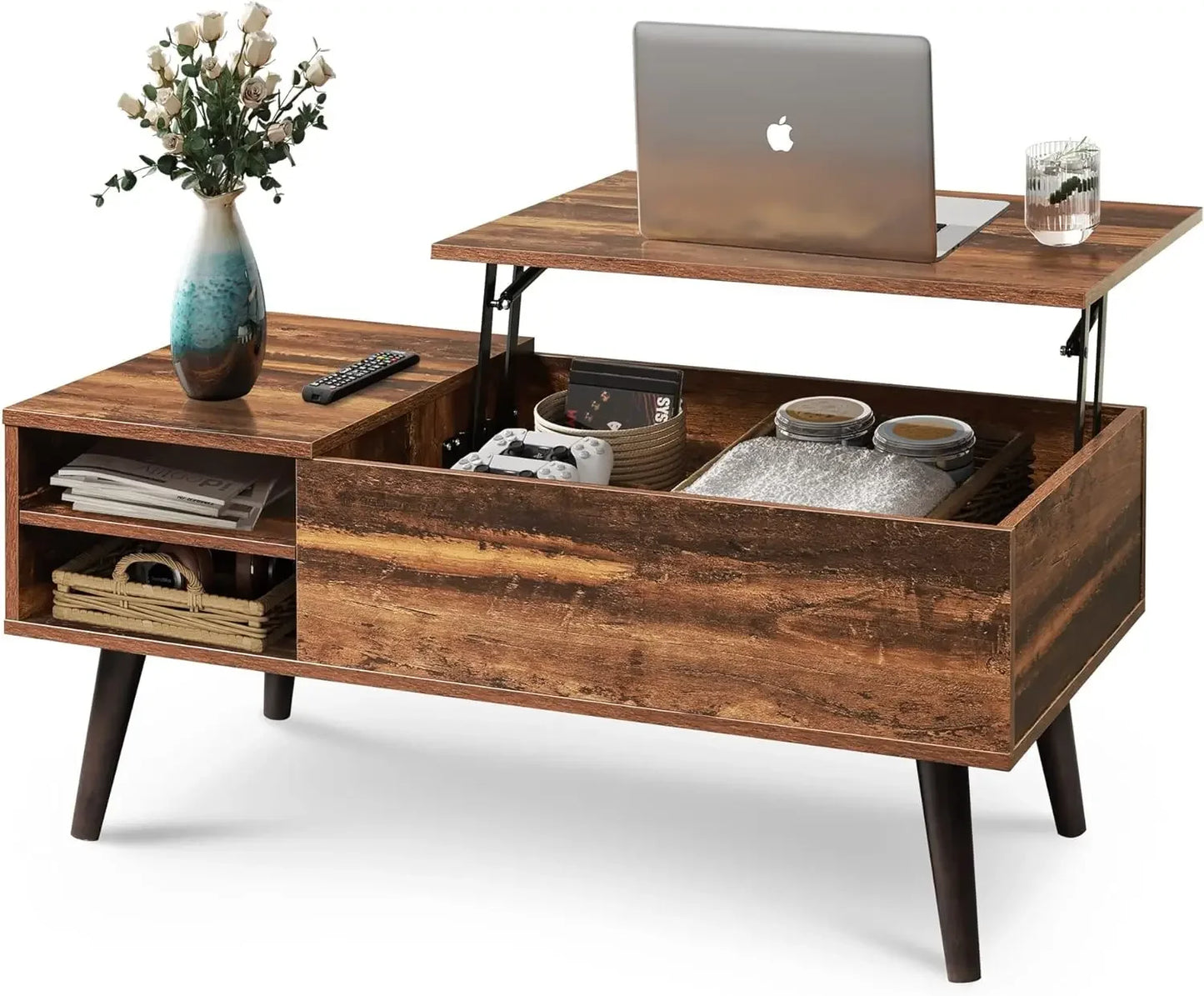 Wood Lift Top Coffee Table with Hidden Compartment and Adjustable Storage Shelf for Living Room