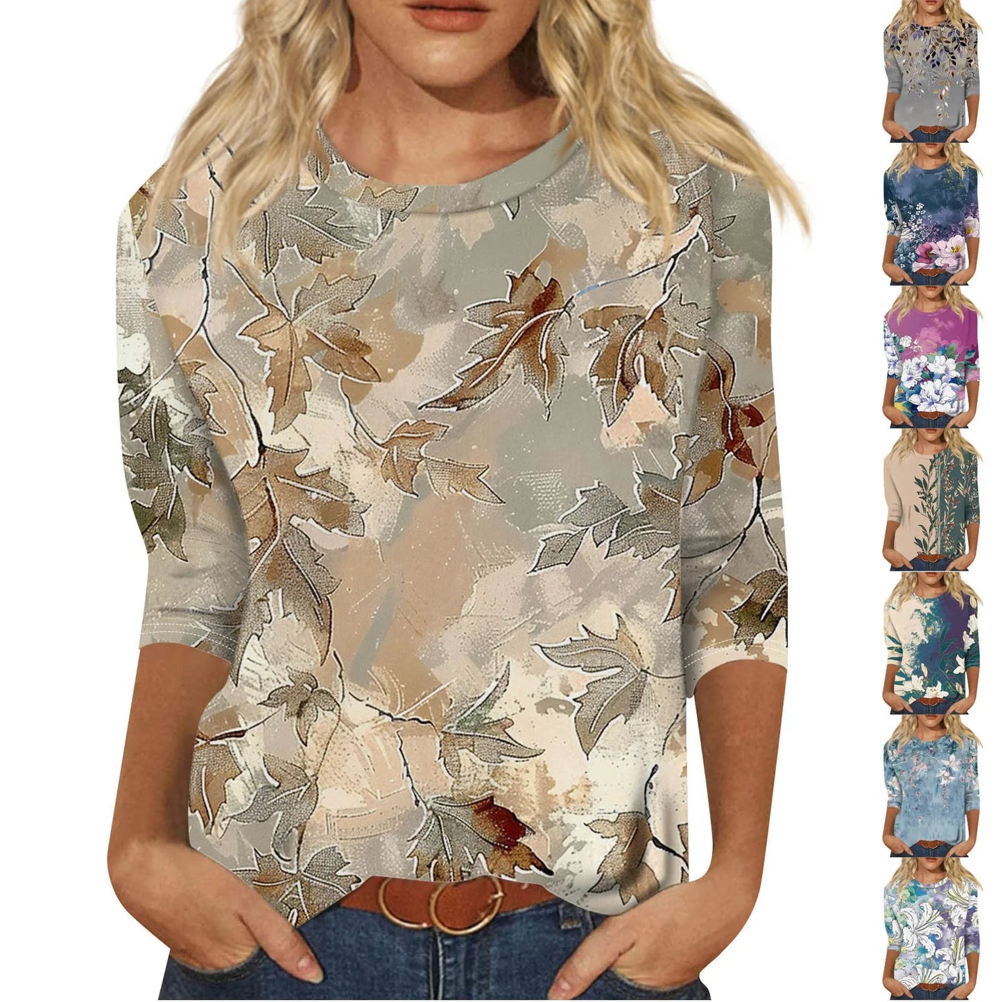 Women's Floral Print Button 3/4 Sleeve Round Neck Casual Shirt Autumn Commuter Tops 2024