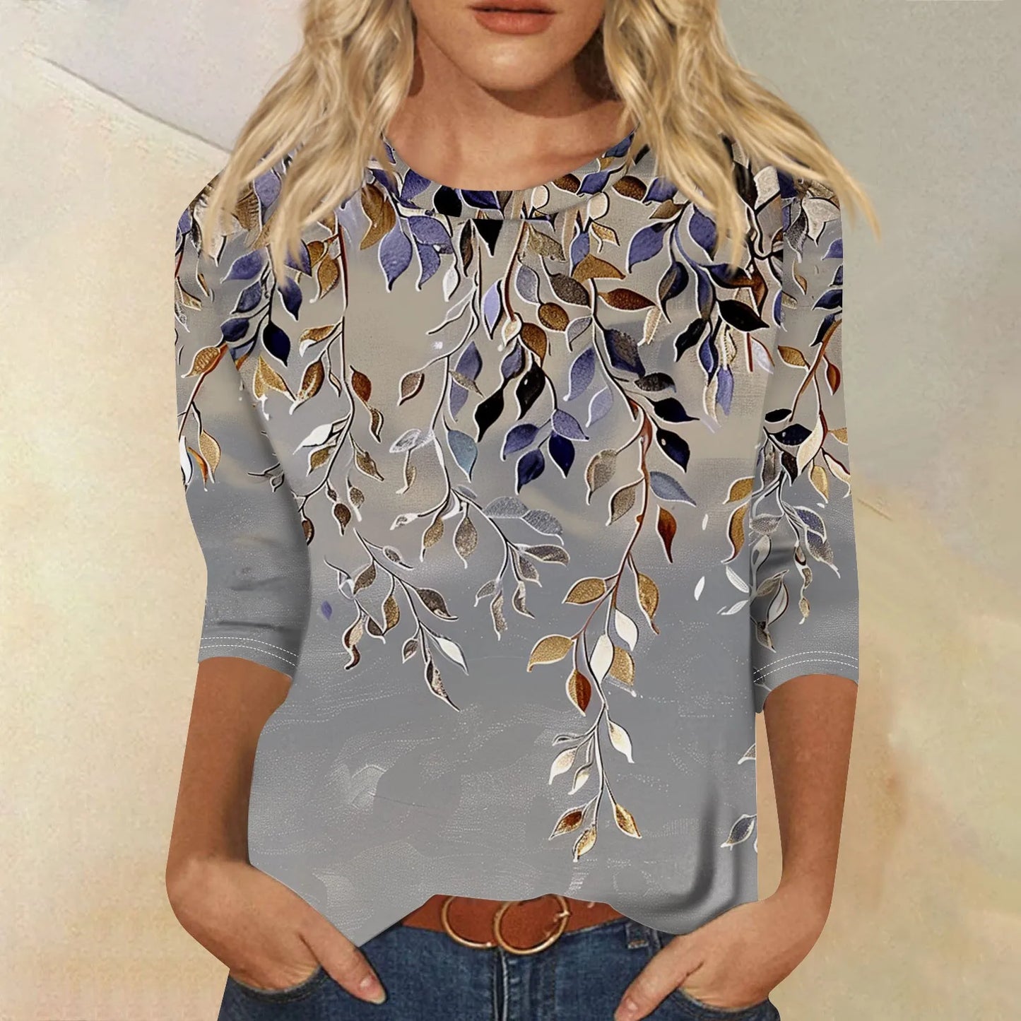 Women's Floral Print Button 3/4 Sleeve Round Neck Casual Shirt Autumn Commuter Tops 2024
