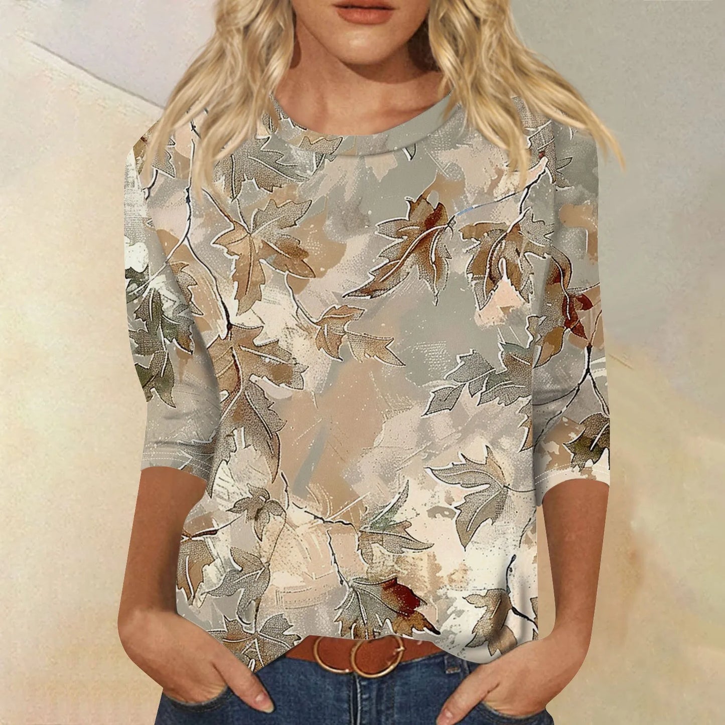 Women's Floral Print Button 3/4 Sleeve Round Neck Casual Shirt Autumn Commuter Tops 2024