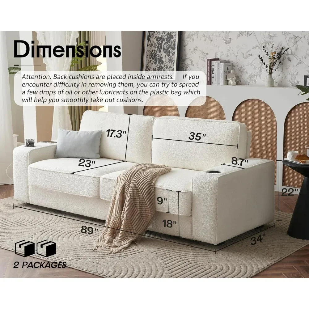 Modern Sofa, 89in Comfy Couch with Cup Holders