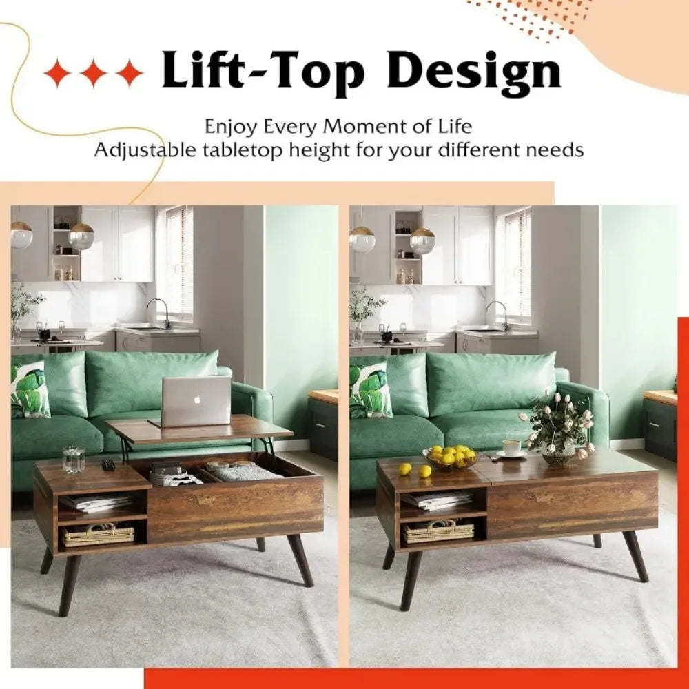 Wood Lift Top Coffee Table with Hidden Compartment and Adjustable Storage Shelf for Living Room