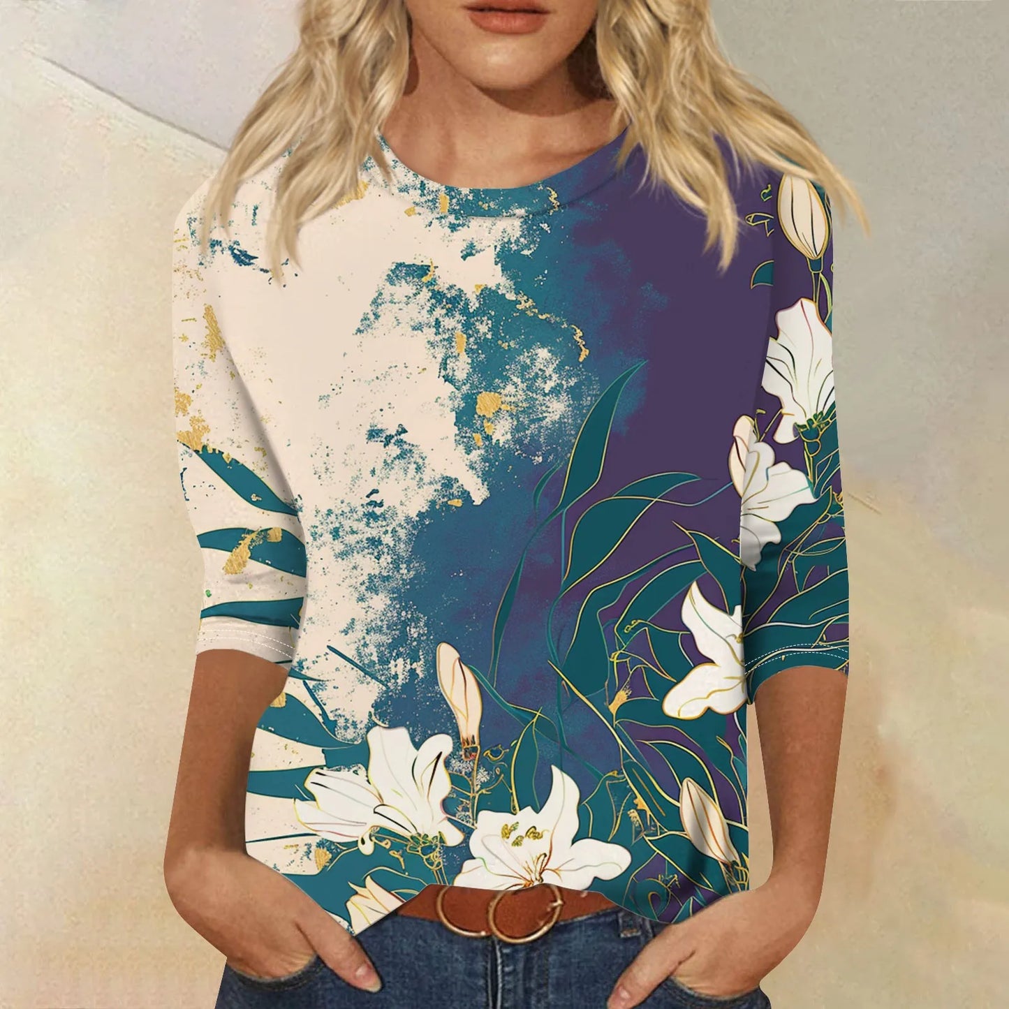 Women's Floral Print Button 3/4 Sleeve Round Neck Casual Shirt Autumn Commuter Tops 2024