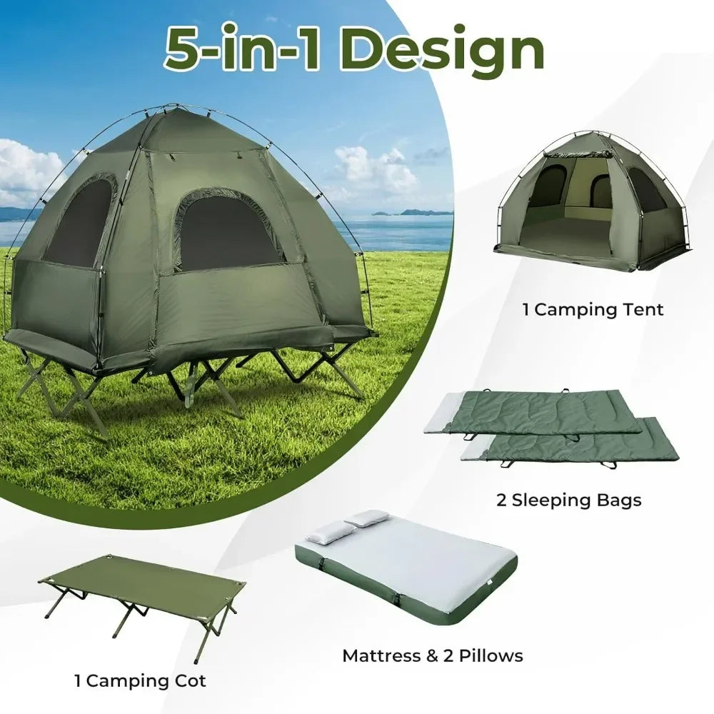 Tent Cot 5-in-1 Folding Camping Cot with Mattress Pillows