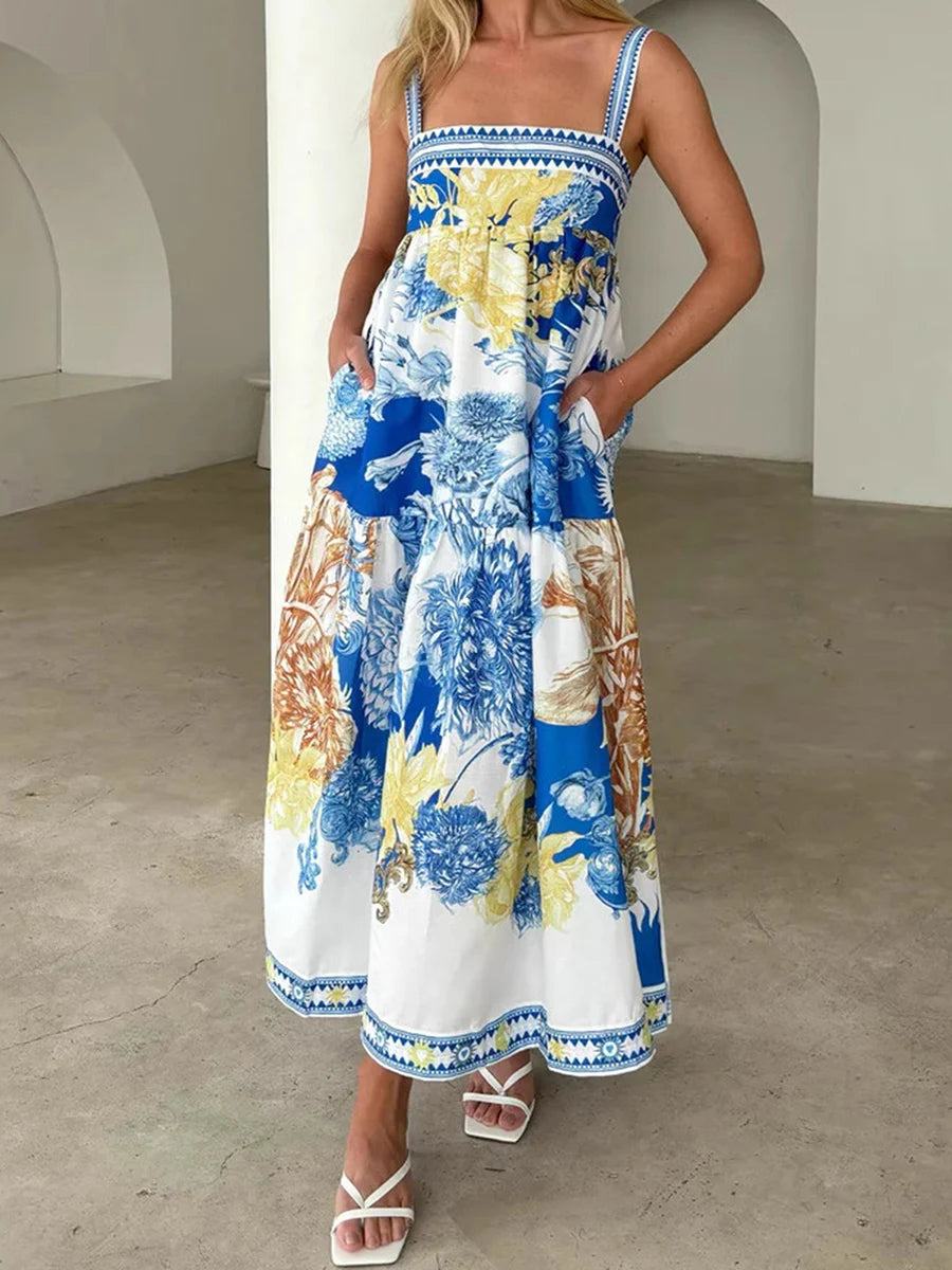 Women's Boho Maxi Dress Floral Print Sleeveless V Neck Backless Tie Dye Beach Dress Summer Casual Long Dress Fashion