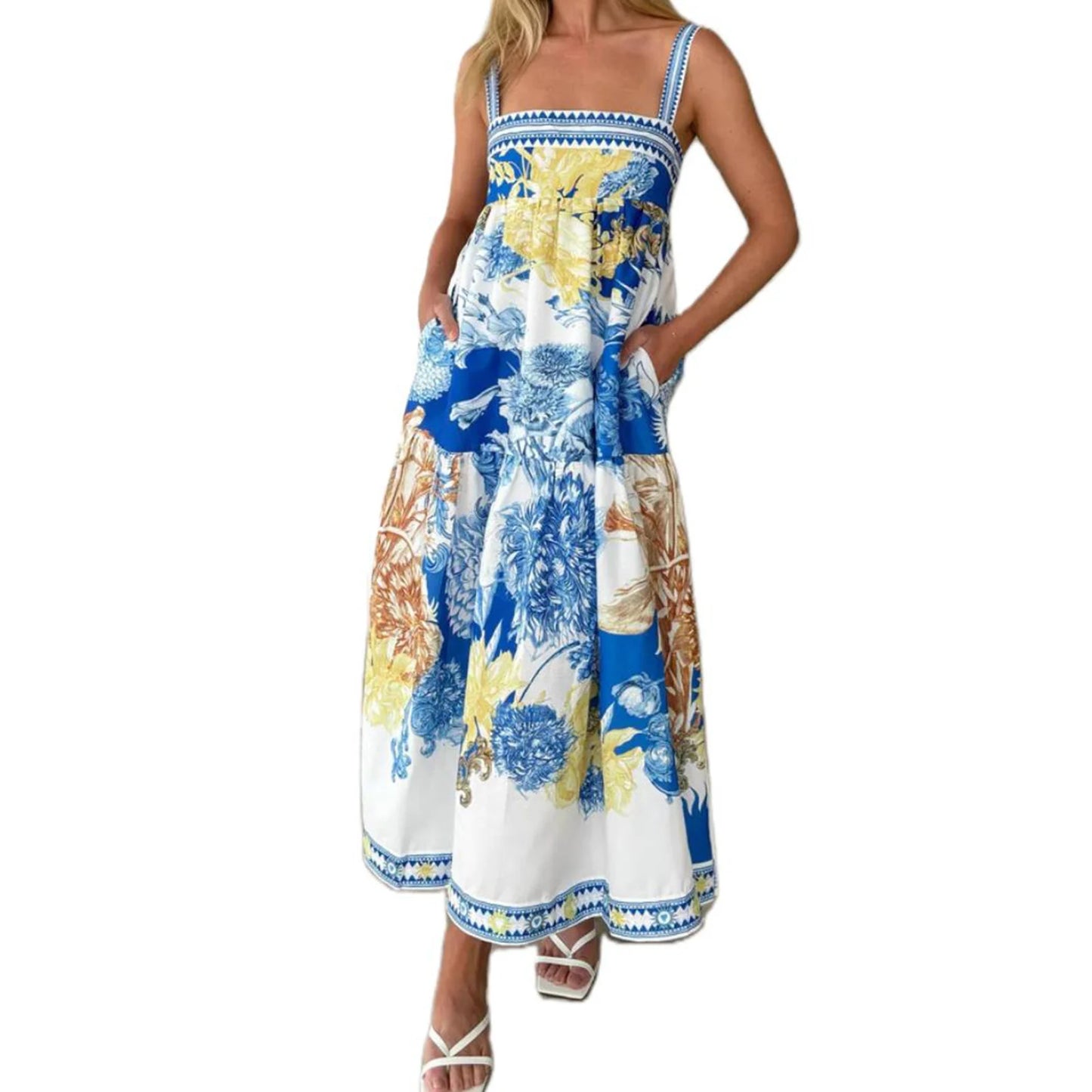 Women's Boho Maxi Dress Floral Print Sleeveless V Neck Backless Tie Dye Beach Dress Summer Casual Long Dress Fashion