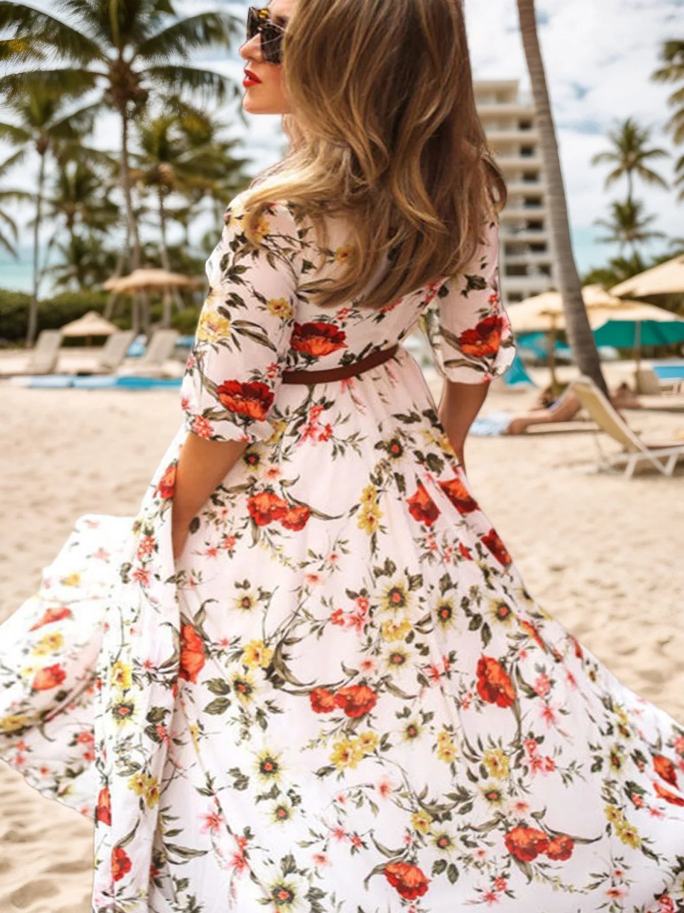 2025 New Elegant Floral Print Women's Half Sleeve Long Pants Dress Summer Vacation Beach Dress