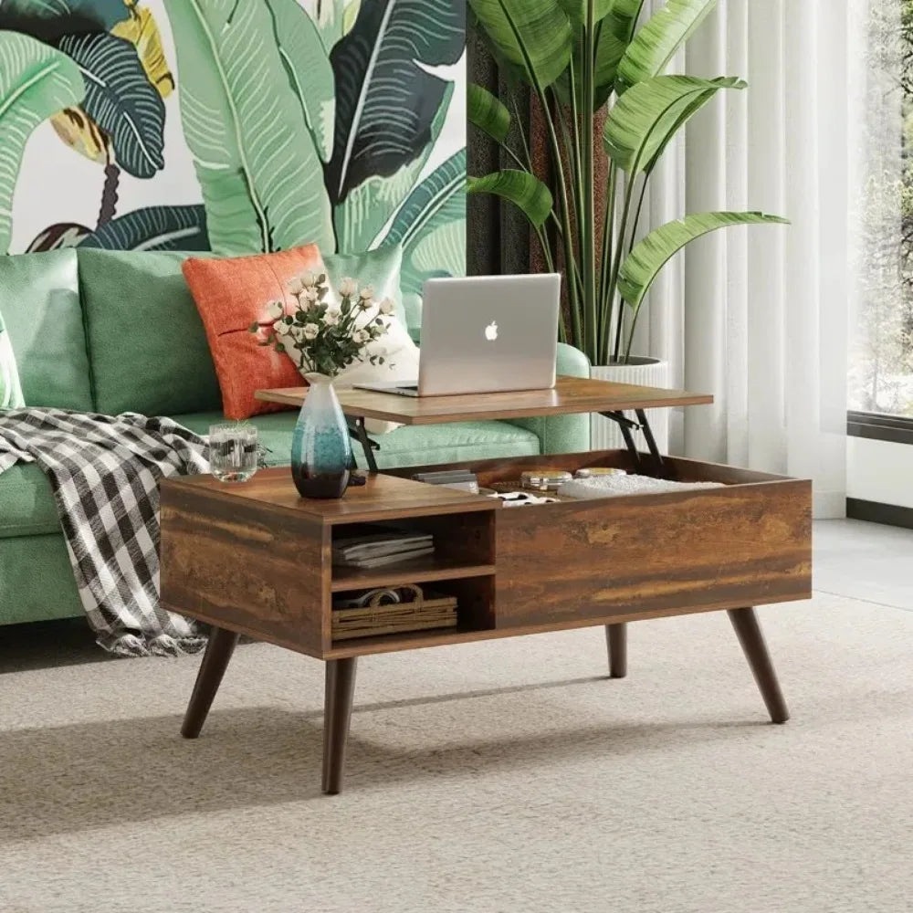 Wood Lift Top Coffee Table with Hidden Compartment and Adjustable Storage Shelf for Living Room