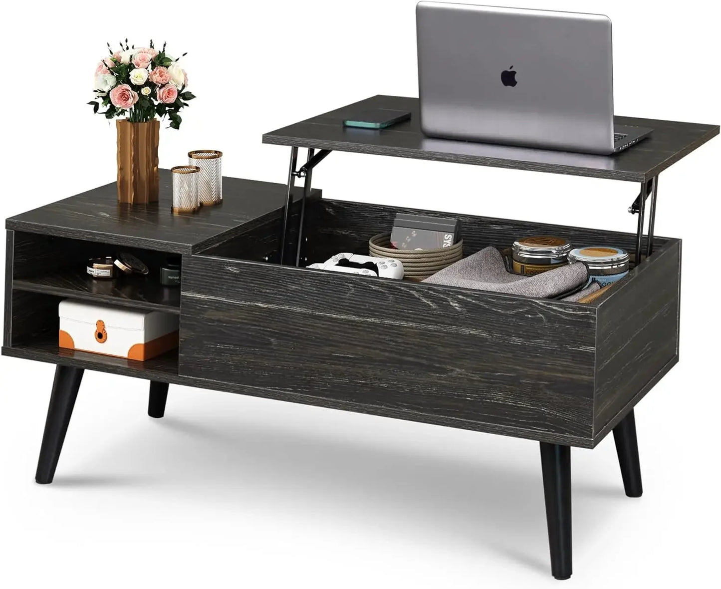 Wood Lift Top Coffee Table with Hidden Compartment and Adjustable Storage Shelf for Living Room