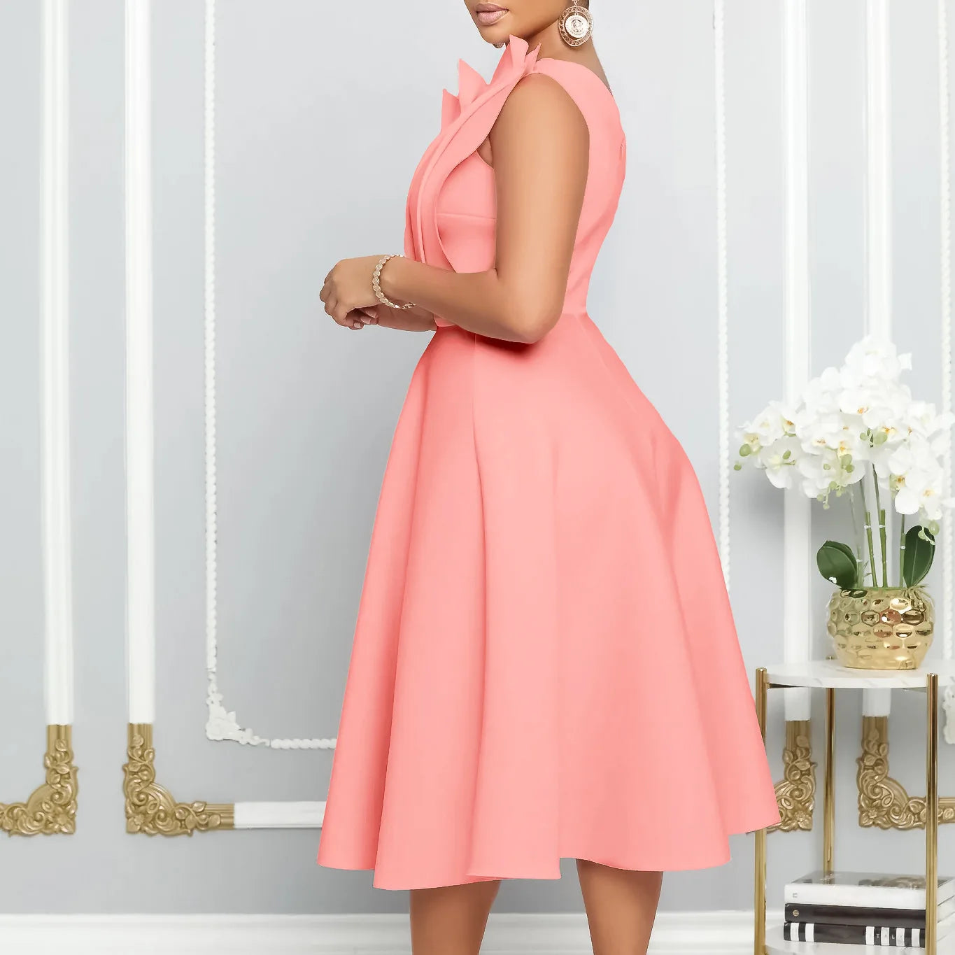 2025 New Arrival Elegant Plus Size One Shoulder Ruffle Patchwork Sleeveless Evening Party Dress