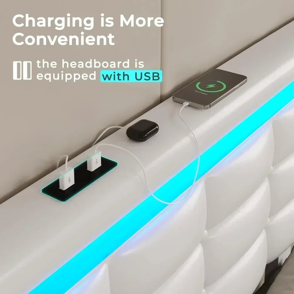 Bed Frame with Drawers, LED Bed Frame with Charging Station and Storage
