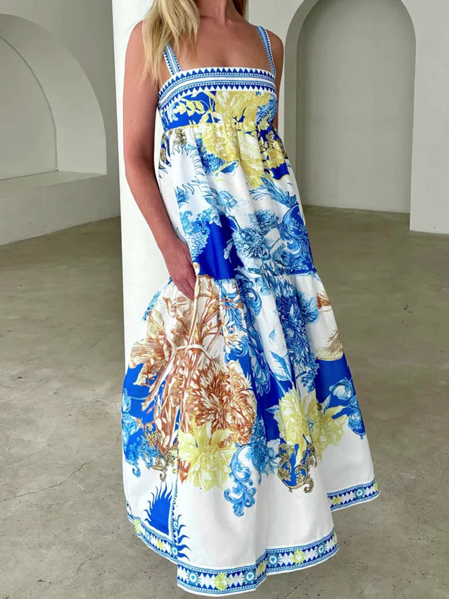 Women's Boho Maxi Dress Floral Print Sleeveless V Neck Backless Tie Dye Beach Dress Summer Casual Long Dress Fashion
