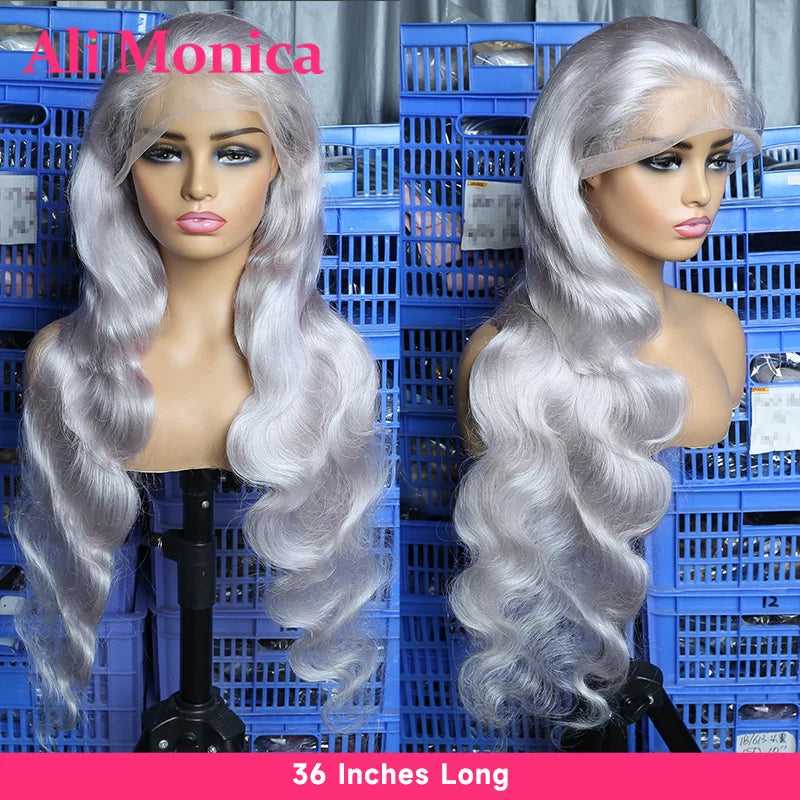 210 Density Silver Grey Body Wave Lace Wig Remy Human Hair