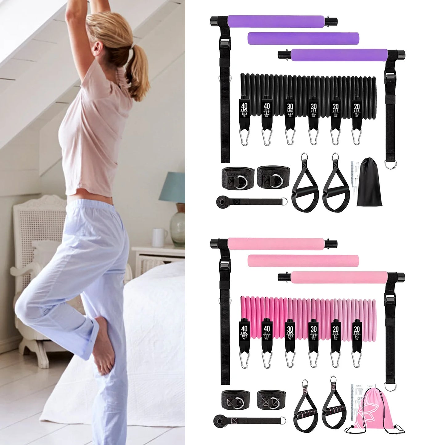 11pcs Portable Pilates Bar Exercise Kit Home