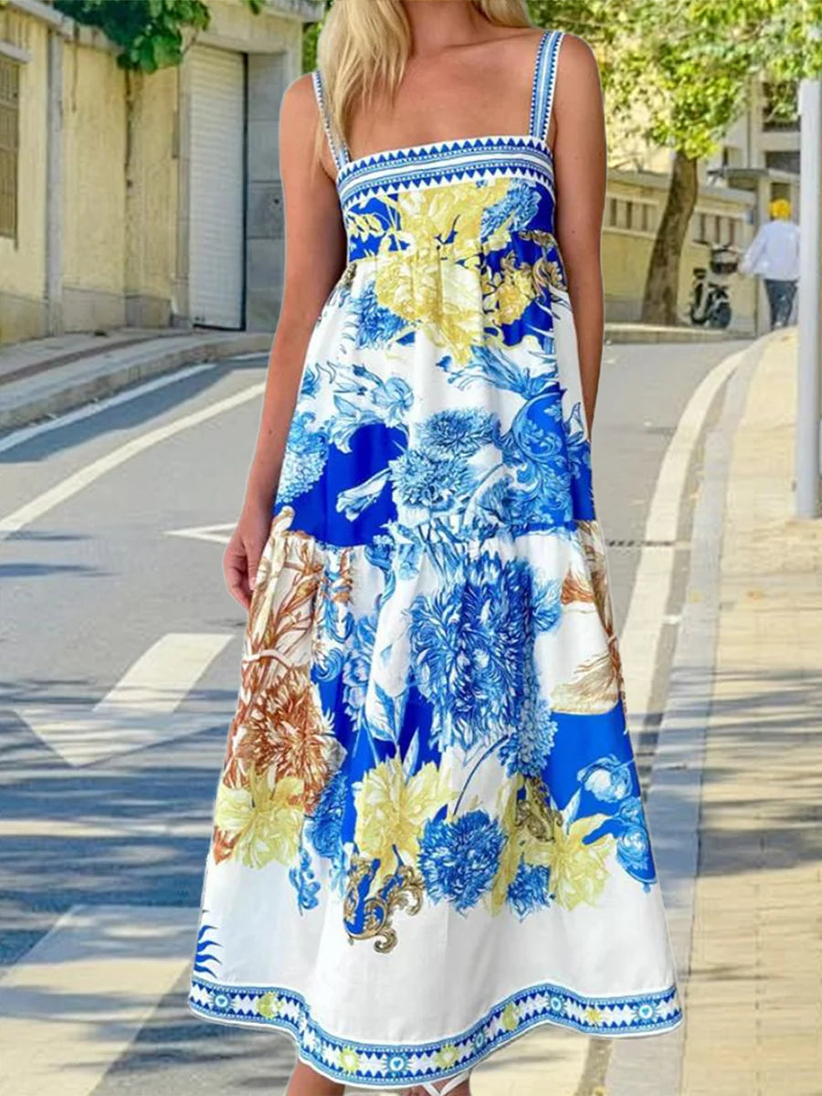 Women's Boho Maxi Dress Floral Print Sleeveless V Neck Backless Tie Dye Beach Dress Summer Casual Long Dress Fashion