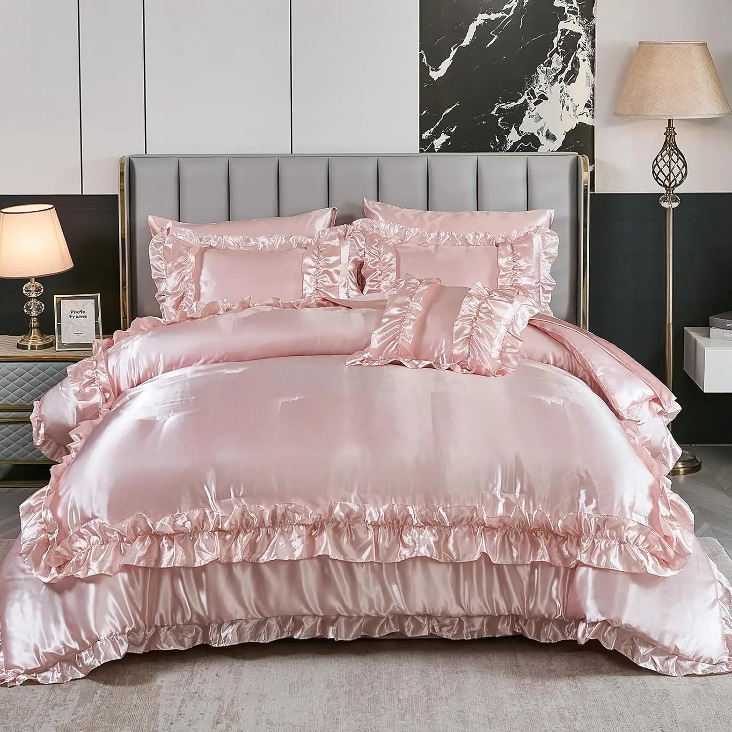 8 Pieces Silk Like Satin Comforter Set, Queen Size Bean with Sheet