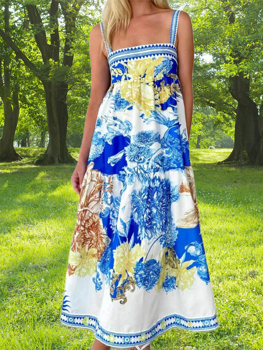 Women's Boho Maxi Dress Floral Print Sleeveless V Neck Backless Tie Dye Beach Dress Summer Casual Long Dress Fashion