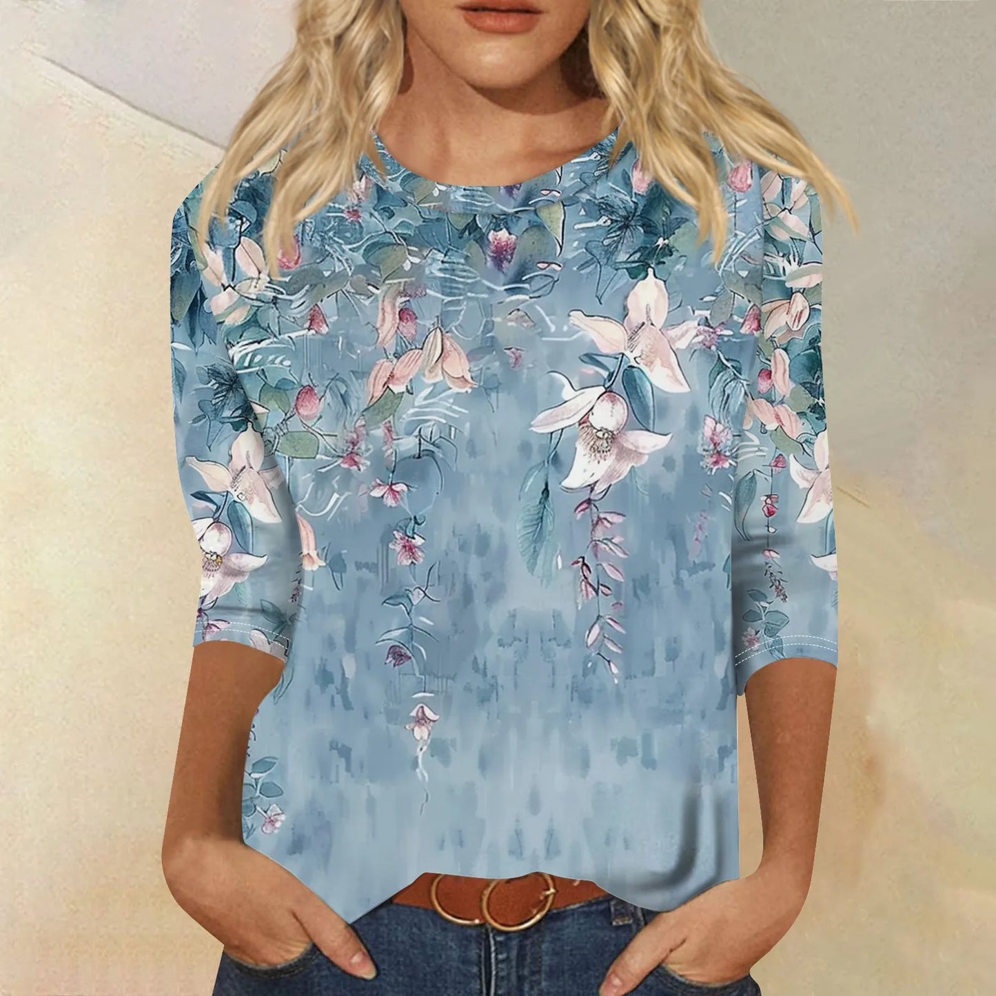 Women's Floral Print Button 3/4 Sleeve Round Neck Casual Shirt Autumn Commuter Tops 2024