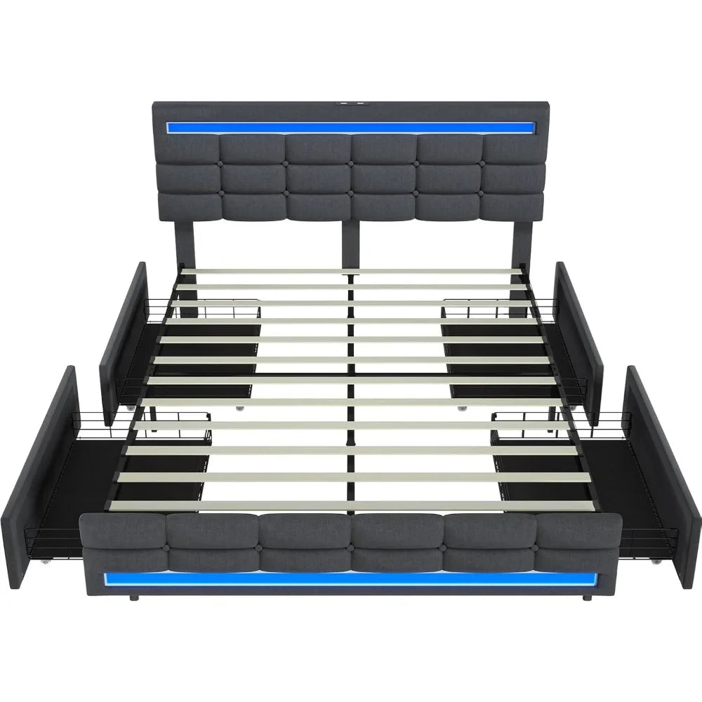 LED Full Size Bed Frame, LED Lights Headboard Footboard,