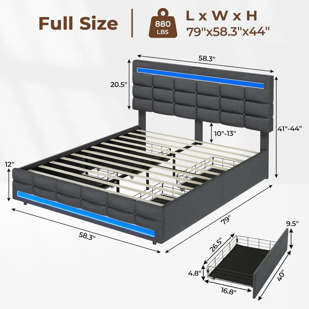 LED Full Size Bed Frame, LED Lights Headboard Footboard,
