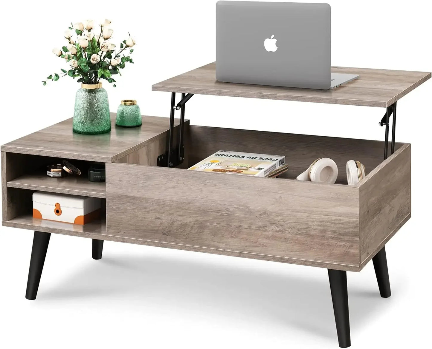 Wood Lift Top Coffee Table with Hidden Compartment and Adjustable Storage Shelf for Living Room