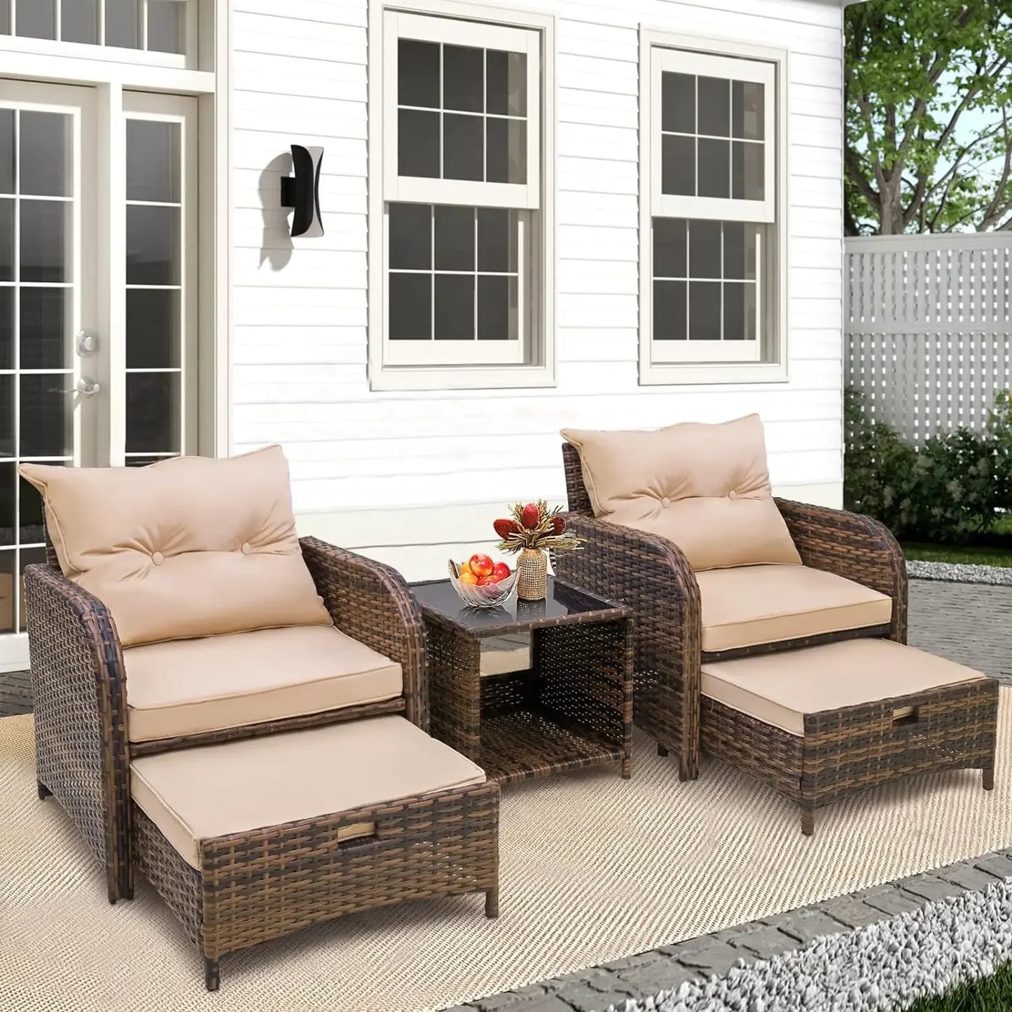 5 Pieces Wicker Outdoor Patio Chairs Set with Ottoman,