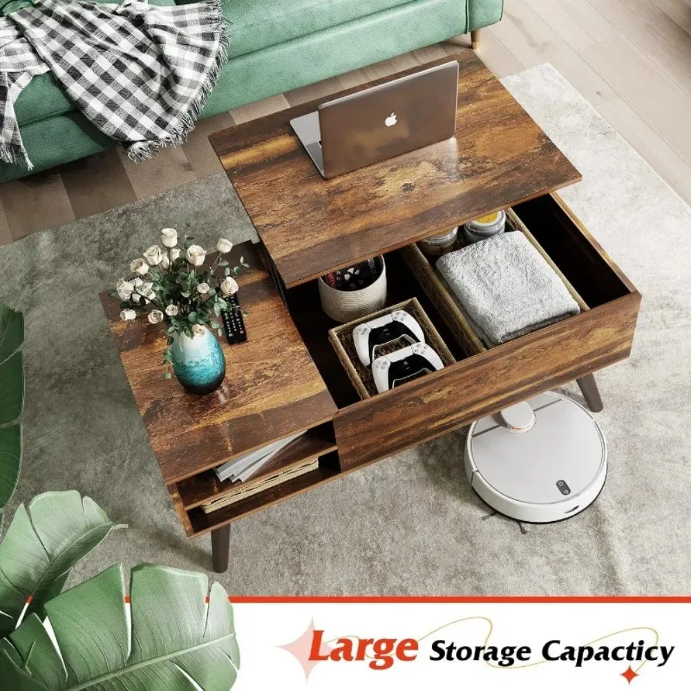 Wood Lift Top Coffee Table with Hidden Compartment and Adjustable Storage Shelf for Living Room