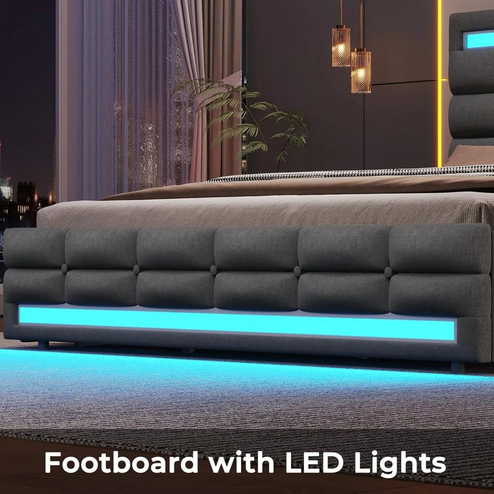 LED Full Size Bed Frame, LED Lights Headboard Footboard,