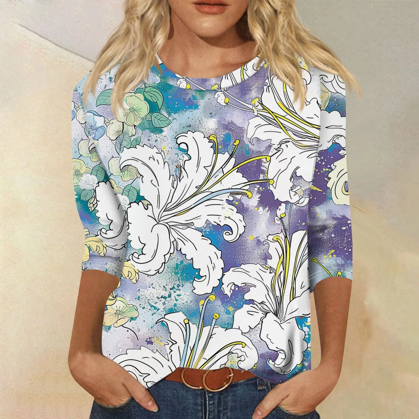 Women's Floral Print Button 3/4 Sleeve Round Neck Casual Shirt Autumn Commuter Tops 2024