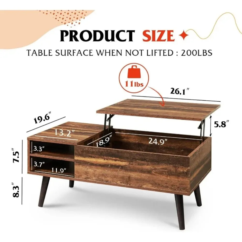 Wood Lift Top Coffee Table with Hidden Compartment and Adjustable Storage Shelf for Living Room