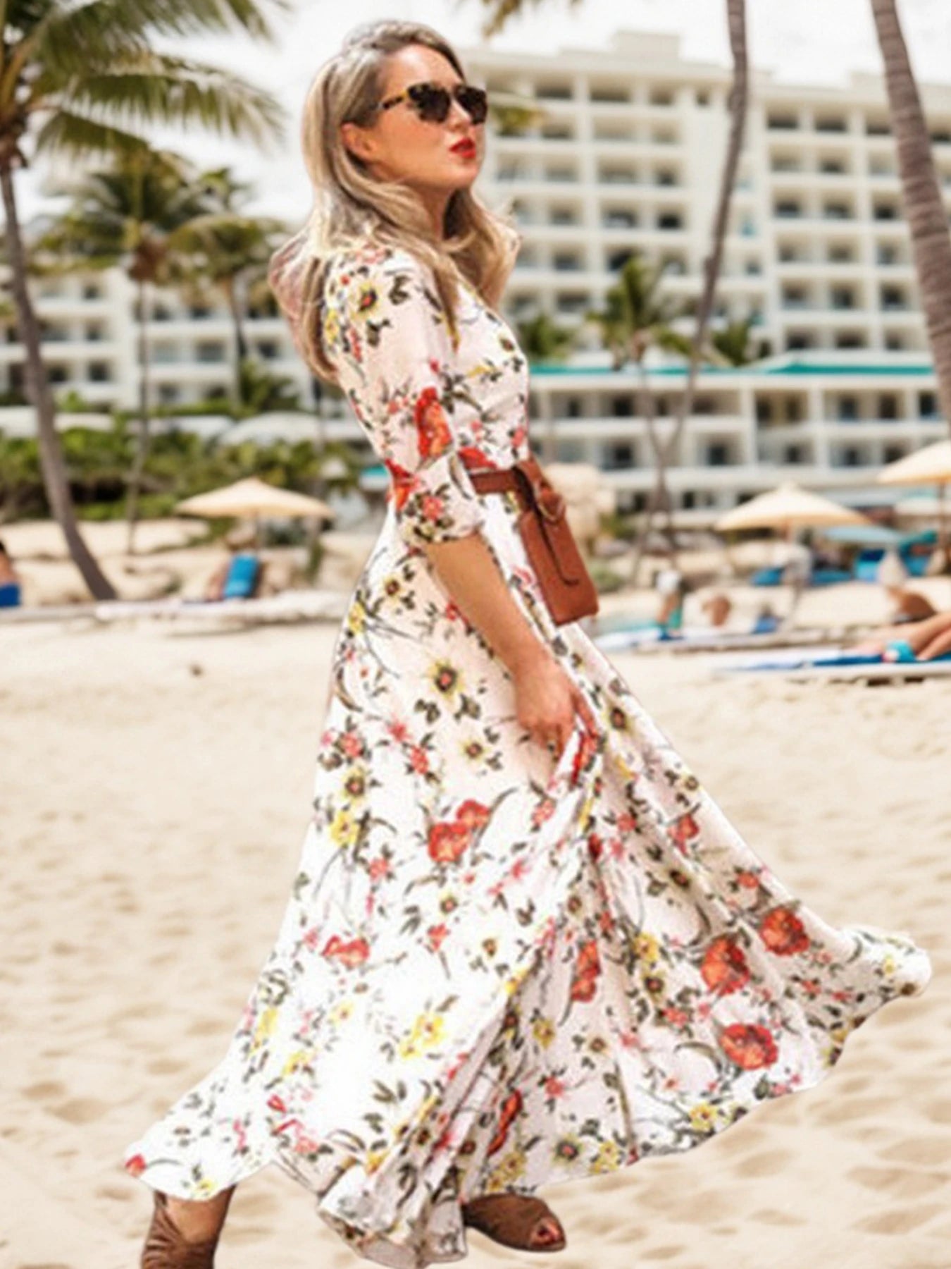 2025 New Elegant Floral Print Women's Half Sleeve Long Pants Dress Summer Vacation Beach Dress