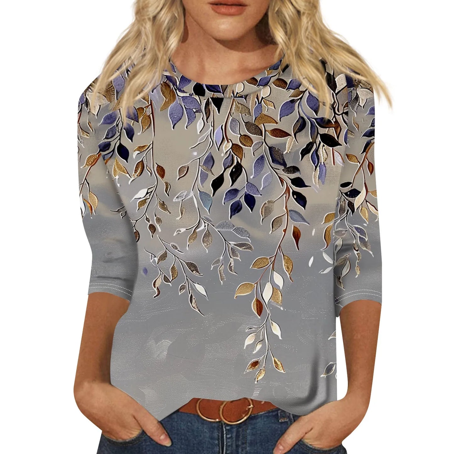 Women's Floral Print Button 3/4 Sleeve Round Neck Casual Shirt Autumn Commuter Tops 2024