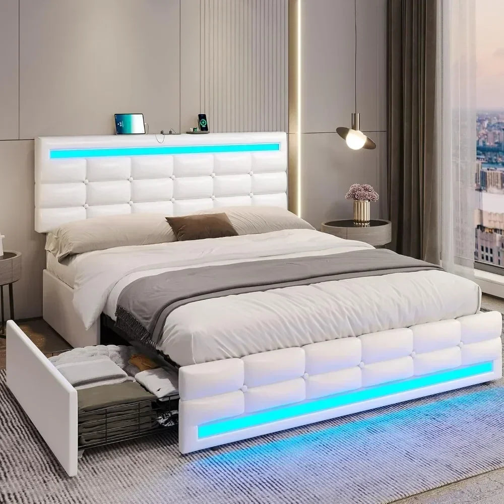Bed Frame with Drawers, LED Bed Frame with Charging Station and Storage
